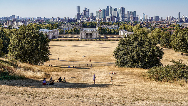 The classic view over Greenwich Park now savaged by weeks of extreme heat and drought.