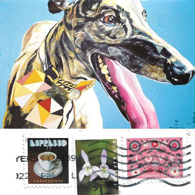 Greyhound postcard + USA stamps