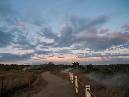 Wahinekapu (Steaming Bluff) twilight and clouds by albategnius, Many steam vents line the edge of this bluff above the Kīlauea caldera. The Coastal Rim Trail follow