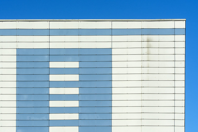 Facade with blue and white panels