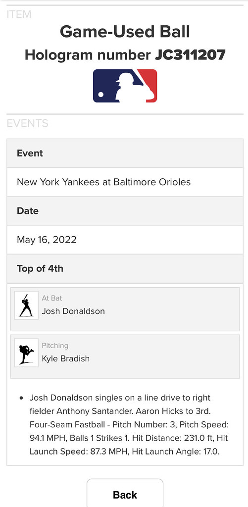 2022 Baltimore Orioles vs. New York Yankees 5/16/22. T4 Yankees batter Josh Donaldson from Orioles pitcher Kyle Bradish, P#1 single to RF (Anthony Santander), Aaron Hicks to 3B. Donaldson’s 27th hit of season (1,206th of career).