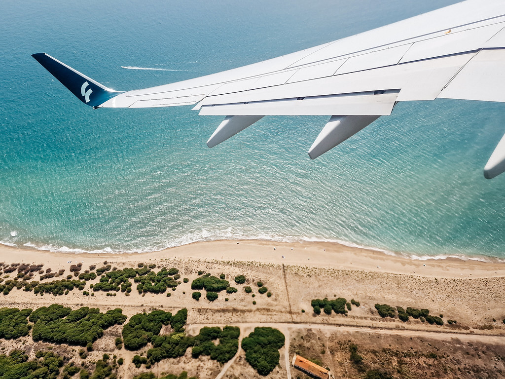 Barcelona beach from airplane window