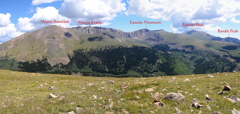 Looking northeast at Mount Evans and other mountains from Geneva Mountain' s summit (1)-1