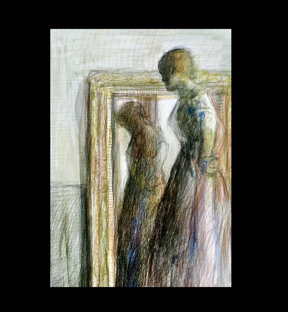 Watercolour brush wash with Polychromos pencils, on thick card. Looking in the mirror. Last session.