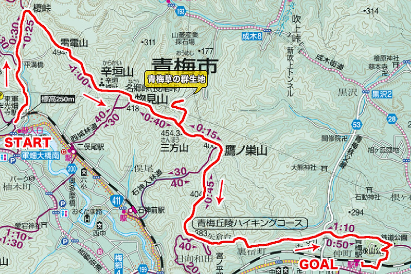 青梅丘陵ハイキングコースの地図