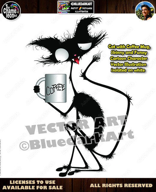 Cat with Coffee Mug, Skinny and Funny Cartoon Character Vector Illustration isolated on white © BluedarkArt TheChameleonArt