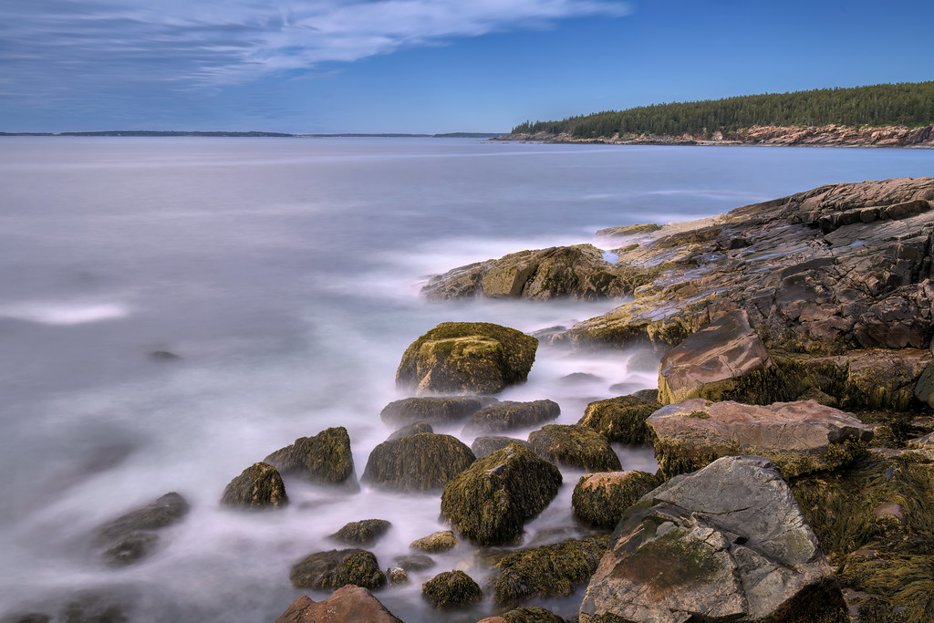 Long exposure of waves against the rocky shoreline of Acadia National Park, Maine