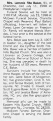 Annie Lemmie Fite Baker Obituary 1998