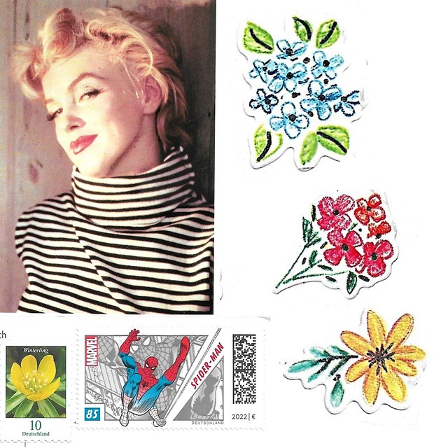 Marilyn postcard + Stamps + Flower Stickers