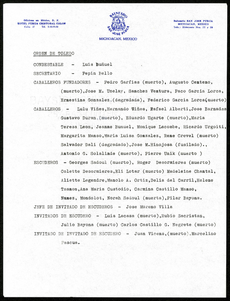 Lista de miembros de la Orden de Toledo mecanografiada por Buñuel.  Archivo Buñuel, Filmoteca Española.