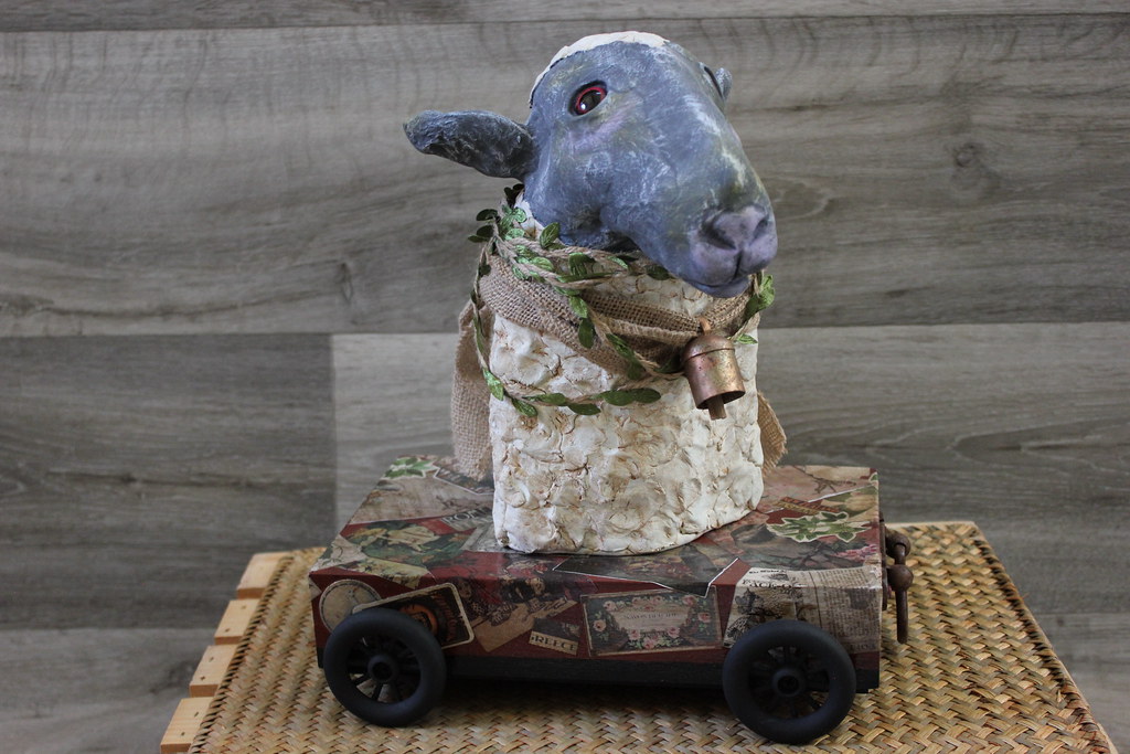 Sheep Head Sculpture on Wheels Tabletop Home Decor