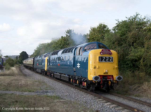BR Deltic Class Nos 55  No 55009 'Alycidon' and No 550919 'Royal Highland Fusilier' pass Bishop's Cleeve on the Gloucestershire & Warwickshire Railway on 19th August 2022 (Copyright Robin Stewart-Smith - All Rights Reserved)