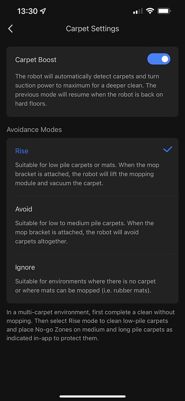 Roborock G10 iOS App - Settings - Carpet Settings