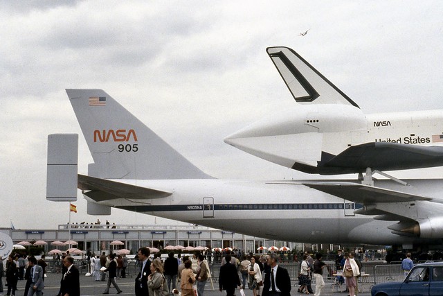 Tail comparison of Space Shuttle OV-101 'Enterprise' atop NASA Boeing 747 N905NA at the Paris Airshow 1983