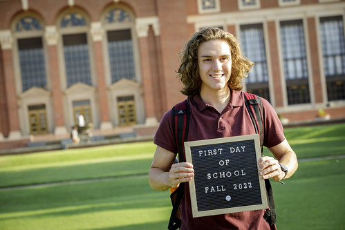 A student poses on Library Lawn at OSU on the first day of the fall 2022 semester.