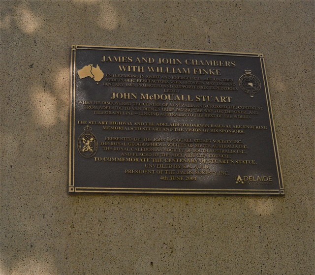 Adelaide Victoria Square - Plaque commemorating the Chambers Brothers James & John, & William Finke, all of whom were strong supporters of the six expeditions of John McDouall Stuart. South Australia