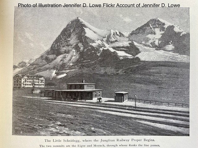 The Little Scheidegg, where the Jungfrau Railway Proper Begins.  The two summits are the Eiger and Moench, through whose flanks the line passes.