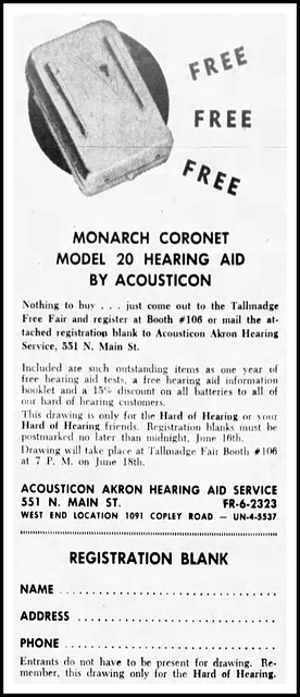 Vintage Advertising For The Monarch Coronet Model 20 Hearing Aid By Acousticon In The Akron Beacon Journal Newspaper, June 8, 1961