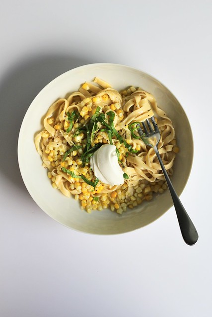 butter-poached corn with egg noodles