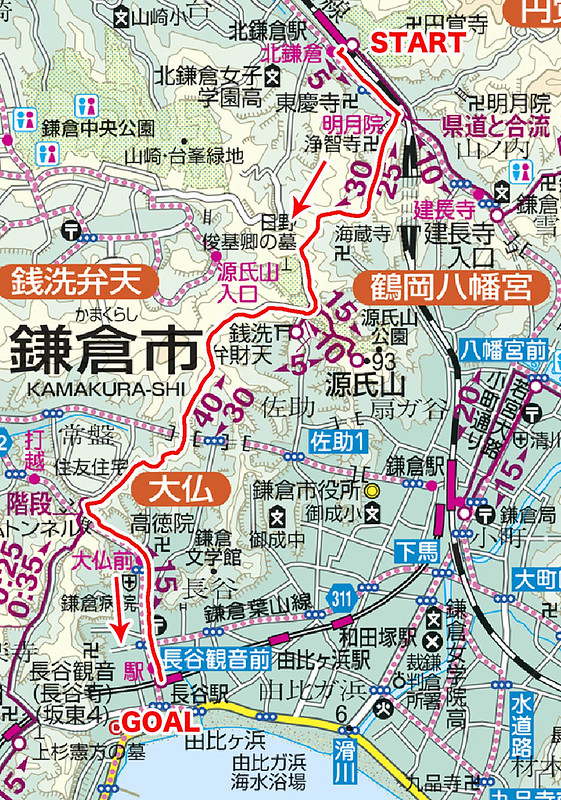 葛原岡・大仏ハイキングコースの地図