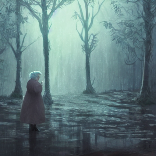 an old lady crying at a rainy forest 02