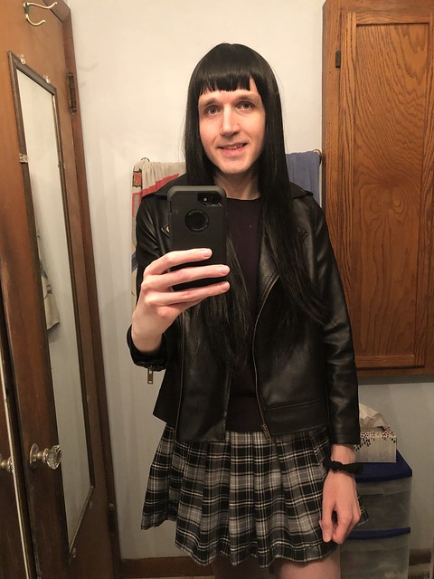 crossdresser in faux leather jacket and black plaid miniskirt ❤️