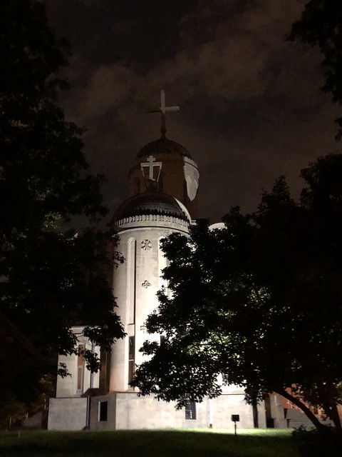 Floodlights and shadows, night at St. Nicholas Orthodox Cathedral, Washington, D.C.
