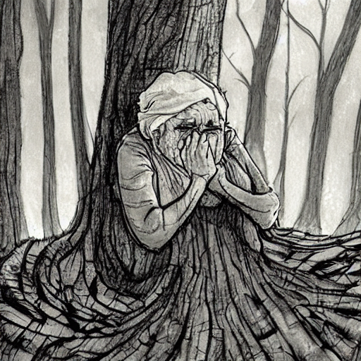 an old lady crying at a rainy forest 01