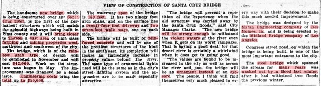 19160930 Tucson Citizen (Tucson, Arizona), Sat Page 8 Col 3 - Text of View of construction of Santa Cruz Bridge on Congress Street