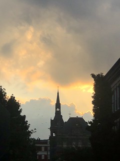 Spire of Healy Hall at sunset from N Street NW, Georgetown University, Washington, D.C.