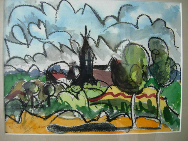 steeple and Normandy countryside, study