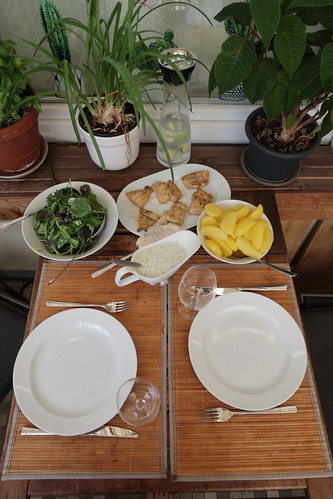 Kabeljaufiletstücke mit warmer Dillsoße zu Salzkartoffeln und Blattsalat (Tischbild)