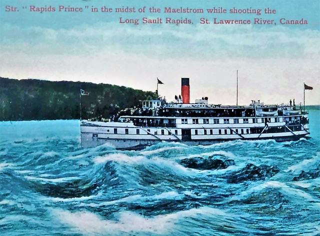 Vintage postcard depicting the Long Sault Rapids and a steamer, the Rapids Prince, running them