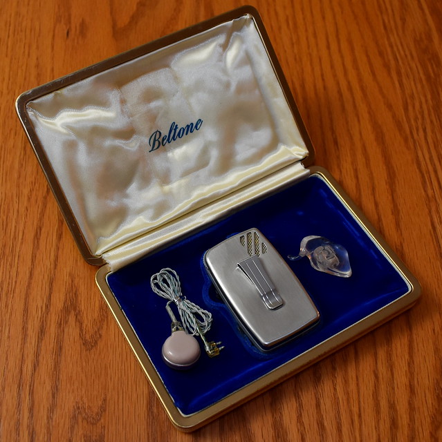 Vintage Beltone Model F Futura Transistor (Body) Hearing Aid, Produced by Beltone Electronics Corporation of Chicago, IL, (Compare the Size of the Hearing Aid with the Earpiece), Circa 1963