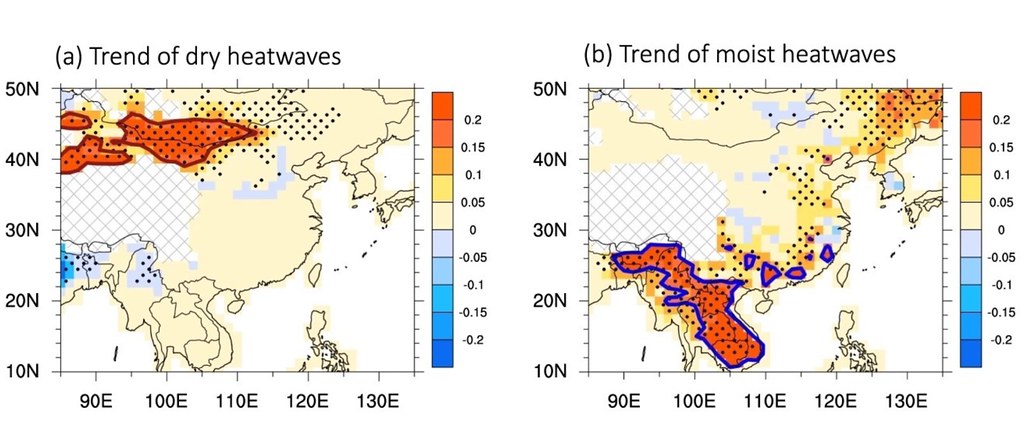 圖a中紅線包圍的區域為乾熱浪區，圖b中藍線包圍的區域為濕熱浪區，從1958年-2014年，兩個熱浪區年均增加熱浪天數大於0.15天。•圖片來源：Ha, Kyung-Ja, et al. “Dynamics and characteristics of dry and moist heatwaves over East Asia.” npj Climate and Atmospheric Science 5.1 (2022): 1-11.