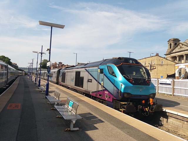 At Scarborough Railway station is Trans Pennine Express 68021, a Class 68 train manufactured by Stadler Rail