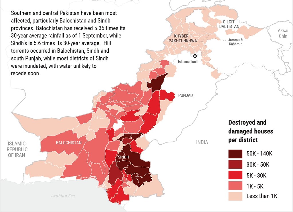 巴基斯坦2022年洪災影響區域房屋毀損情況（深色為毀損嚴重區域）。聯合國人道事務協調廳（OCHA）2022/9/1報告