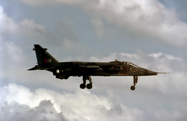 XX766 '14' RAF SEPECAT Jaguar GR.1 of 226OCU seen on a fly-by at the Mildenhall Air Fete in 1979