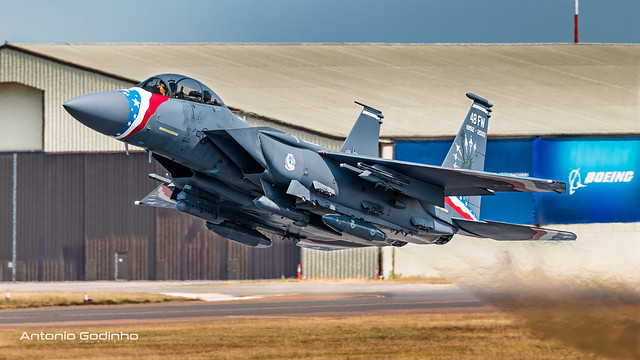 U.S. Air Force 48th Fighter Wing new heritage F-15E Strike Eagle, leaving Fairford after being at RIAT 2022 Static Display