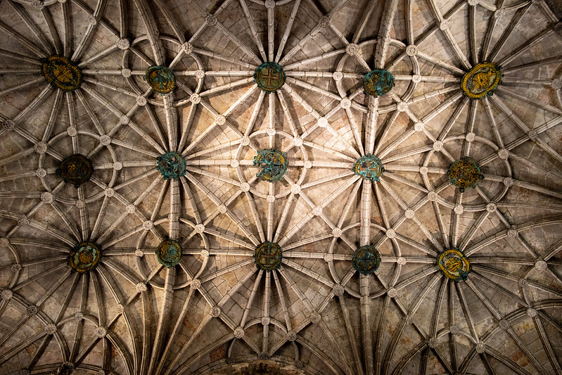The intricate arch work in the roof of the church.