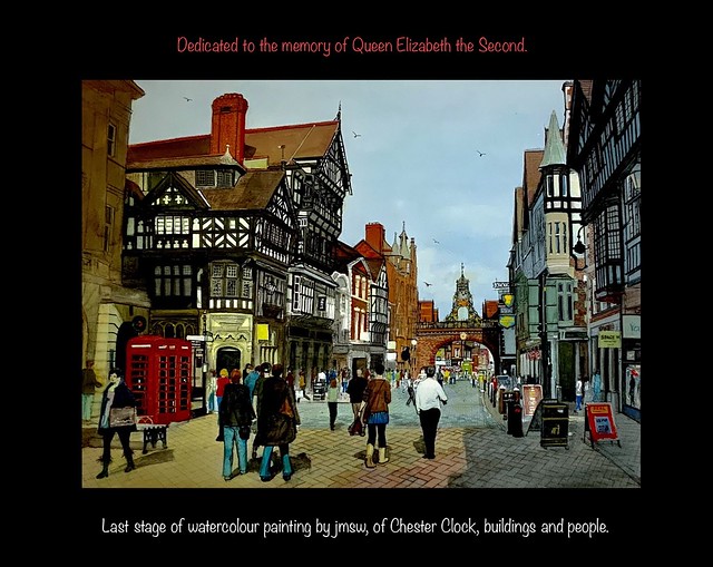 Watercolour gouache painting by jmsw on heavy watercolour stretched paper. Last stage. Chester Clock, buildings and people.