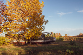 Old, weathered abandoned boat once used on Lake Superior sits in a field in Bayfield Wisconsin, in the fall