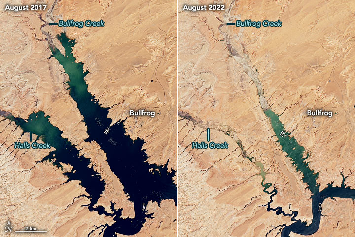 Nasa衛星資料顯示，美國鮑威爾湖（Lake Powell）面積持續縮小。資料來源：NASA