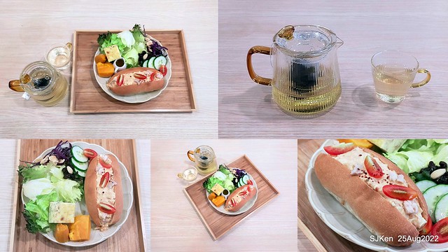 「山茶咖啡」--- 「番茄鮪魚口味蛋沙拉麵包 + 綜合沙拉 + 玉子燒 + 地瓜 +金萱茶」(Breakfast bread with tomato & tuna at Suncha coffee shop), Taipei, Taiwan, SJKen, Aug 25, 2022.