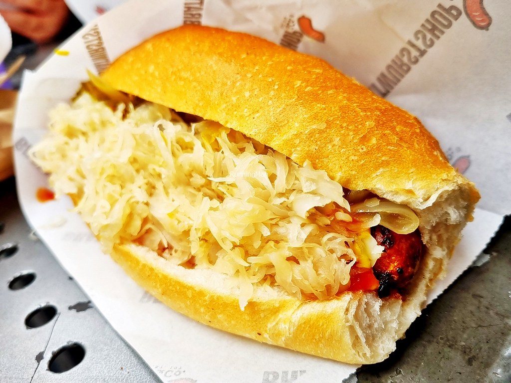 Hot Dog - Cheese Bratwurst With Gherkin Relish, Sauerkraut, Caramelised White Onions