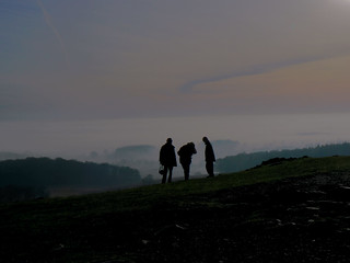 People overlooking Leicester from a misty Bradgate park.