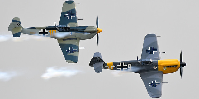 Hispano HA-1112 M4L Buchon Yellow 10 G-AWHK  & Hispano HA-1112 M4L Buchon White 9 G-AWHH Painted in the colours of the German Air Force
