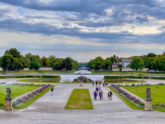 View from Nymphenburg palace along Schlossgartenkanal towards Hubertus spring in Munich in Bavaria, Germany