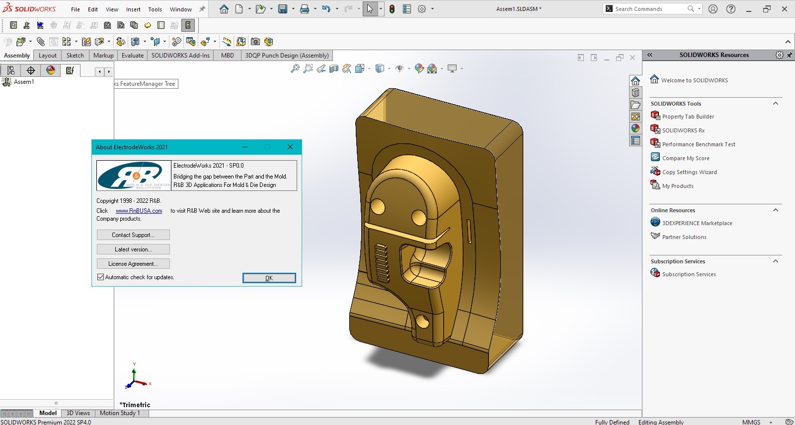 Working with R&B ElectrodeWorks 2021 SP0 for SolidWorks 2022 sp4.0