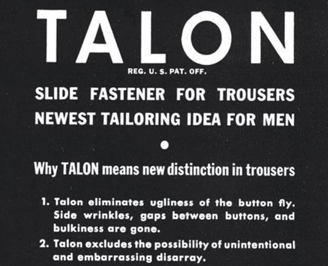 Talon slide fastener for trousers